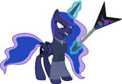 Size: 3464x2394 | Tagged: safe, artist:anime-equestria, character:princess luna, species:alicorn, species:pony, angry, clothing, crucifix, ear piercing, female, guitar, jewelry, levitation, long sleeve shirt, magic, musical instrument, necklace, piercing, simple background, smiling, solo, telekinesis, transparent background, vector, wings