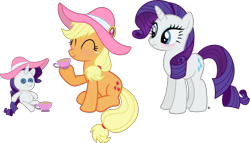 Size: 4488x2567 | Tagged: safe, artist:anime-equestria, character:applejack, character:rarity, species:earth pony, species:pony, species:unicorn, ship:rarijack, blushing, clothing, cup, cute, duo, female, food, happy, hat, jackabetes, lesbian, plushie, raribetes, rarity plushie, shipping, simple background, smiling, tea, tea party, teacup, transparent background, vector