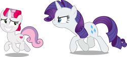 Size: 5144x2331 | Tagged: safe, artist:chrzanek97, artist:claritea, artist:kooner-cz, artist:reginault, edit, editor:slayerbvc, character:rarity, character:sweetie belle, species:pony, species:unicorn, angry, belle sisters, chase, female, filly, furious, grin, hair curlers, looking back, mare, nervous, nervous grin, rarity is not amused, sheepish grin, siblings, simple background, sisters, smiling, transparent background, unamused, vector, vector edit