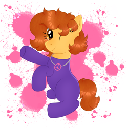 Size: 3000x3000 | Tagged: safe, artist:doraeartdreams-aspy, oc, oc:aspen, species:earth pony, species:pony, bodysuit, catsuit, cute, female, hippie, jewelry, latex, latex suit, necklace, one eye closed, paint splatter, peace suit, peace symbol, rubber suit, solo, transformation, wink, winking at you