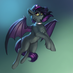 Size: 2000x2000 | Tagged: source needed, safe, artist:nsilverdraws, oc, oc only, oc:zenaris blackmour, species:bat pony, species:pony, chest fluff, clothing, dyed mane, dyed tail, ear fluff, eyeshadow, gradient background, hat, makeup, male, slit eyes, solo, stallion, trap, wings