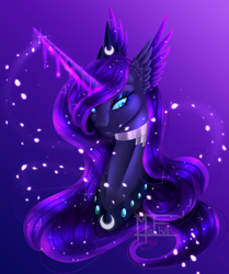 Size: 3186x3804 | Tagged: safe, artist:minelvi, character:princess luna, species:alicorn, species:pony, alternate style, bust, choker, female, glowing horn, high res, horn, magic, mare, portrait, signature, solo, speedpaint available