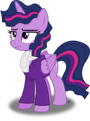 Size: 1992x2696 | Tagged: safe, artist:anime-equestria, character:twilight sparkle, species:alicorn, species:pony, alternate hairstyle, clothing, female, frown, horn, mare, scarf, simple background, solo, suit, transparent background, vector, wings