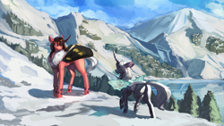 Size: 2560x1440 | Tagged: safe, artist:nsilverdraws, oc, oc only, oc:queen venyx, oc:red flux, species:changeling, species:mothpony, lake, moth, mountain, original species, red changeling, scenery, scenery porn, snow, tree, white changeling