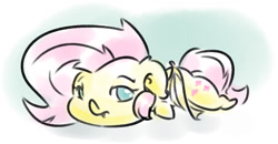 Size: 1014x527 | Tagged: safe, artist:krucification, character:flutterbat, character:fluttershy, species:bat pony, species:pegasus, species:pony, ask, bat ponified, chibi, cute, female, flop, lying down, race swap, shyabates, shyabetes, solo