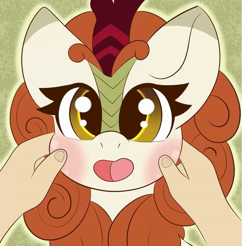 Size: 800x811 | Tagged: safe, artist:miss-jessiie, character:autumn blaze, species:human, species:kirin, :d, animated, awwtumn blaze, blushing, bust, cheek pinch, cheek squish, cute, eye shimmer, female, gif, hand, hands on cheeks, happy, offscreen character, open mouth, portrait, smiling, solo focus, squishy cheeks