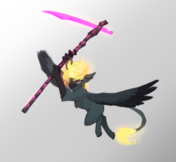 Size: 2300x2124 | Tagged: safe, artist:nsilverdraws, oc, oc only, oc:varis kaisareia sundown, species:hippogriff, female, flying, glowing tail, scythe, simple background, solo, spread wings, sundown clan, weapon, wings
