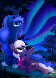 Size: 5785x8062 | Tagged: safe, artist:taneysha, character:princess luna, oc, oc:nighty cloud, species:alicorn, species:pegasus, species:pony, aurora borealis, clothing, commission, crown, duo, female, forest, gift art, grass, grass field, jewelry, looking at you, lying down, night, regalia, scarf, sitting, stargazing, starry night, tree