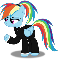 Size: 2448x2466 | Tagged: safe, artist:anime-equestria, character:rainbow dash, species:pegasus, species:pony, alternate hairstyle, annoyed, bow tie, clothing, ponytail, rainbow dash always dresses in style, rainbow dash is not amused, simple background, suit, transparent background, tuxedo, unamused, vector, wings
