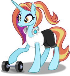 Size: 2294x2501 | Tagged: safe, artist:anime-equestria, character:sassy saddles, species:pony, species:unicorn, alternate hairstyle, clothing, eyeshadow, female, happy, headphones, horn, makeup, mare, ponytail, shorts, simple background, smiling, transparent background, vector, weights