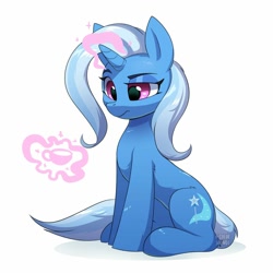 Size: 2000x2000 | Tagged: safe, artist:ask-colorsound, character:trixie, species:pony, species:unicorn, cup, cute, diatrixes, female, leg fluff, levitation, magic, magic aura, mare, raised eyebrow, simple background, sitting, solo, teacup, telekinesis, white background