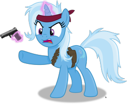 Size: 3057x2507 | Tagged: safe, artist:anime-equestria, character:trixie, angry, bandana, belt, gun, handgun, holster, levitation, magic, messy mane, pistol, pouch, simple background, telekinesis, transparent background, vector, weapon