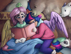 Size: 4000x3000 | Tagged: safe, artist:incendiaryboobs, character:angel bunny, character:fluttershy, character:harry, character:twilight sparkle, species:bird, species:human, ship:twishy, bear, blanket, book, female, ferret, humanized, lesbian, shipping, winged humanization, wings
