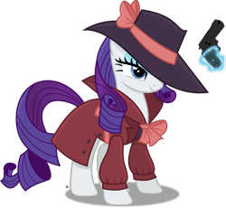 Size: 3087x2837 | Tagged: safe, artist:anime-equestria, character:rarity, species:pony, species:unicorn, belt, bow, clothing, coat, costume, detective rarity, eyeshadow, female, gun, handgun, hat, high res, levitation, magic, makeup, noir, outfit, revolver, shadow spade, simple background, smiling, solo, telekinesis, transparent background, vector, weapon