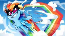 Size: 4096x2302 | Tagged: safe, artist:nekosnicker, character:rainbow dash, species:pegasus, species:pony, chest fluff, cloud, fast, female, flying, high res, mare, no pupils, rainbow trail, sky, smiling, solo