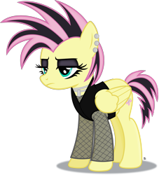 Size: 2487x2744 | Tagged: safe, artist:anime-equestria, character:fluttershy, species:pegasus, species:pony, alternate hairstyle, clothing, ear piercing, eyeshadow, fishnets, fluttergoth, frown, goth, jewelry, long sleeves, makeup, necklace, piercing, simple background, transparent background, vector, vest, wings