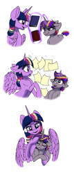 Size: 780x1815 | Tagged: safe, artist:celestial-rainstorm, character:twilight sparkle, character:twilight sparkle (alicorn), oc, oc:dawn star, parent:stygian, parent:twilight sparkle, parents:twigian, species:alicorn, species:pony, species:unicorn, book, female, filly, magic, mother and child, mother and daughter, offspring, paper, simple background, white background