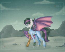 Size: 5000x4000 | Tagged: safe, artist:chazmazda, oc, oc only, species:bat pony, species:pony, fallout equestria, bat wings, camera, cloud, error, fallout, fallout shelter, fullbody, glitch, highlights, lighting, lost, low battery, main, mountain, recording, robotic arm, rock, scenery, shade, shading, sky, solo, tail, wasteland, wings