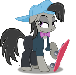 Size: 2811x2776 | Tagged: safe, artist:anime-equestria, character:octavia melody, species:earth pony, species:pony, alternate hairstyle, backwards ballcap, baseball cap, bow tie, cap, clothing, eyeshadow, female, hat, makeup, shirt, simple background, skateboard, smiling, solo, transparent background, vector