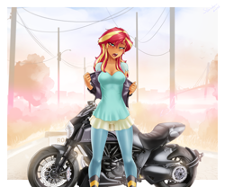 Size: 3072x2557 | Tagged: safe, artist:slackerburst, character:sunset shimmer, my little pony:equestria girls, blushing, breasts, cleavage, clothing, flash, lidded eyes, looking at you, motorcycle, open clothes, open mouth, undressing