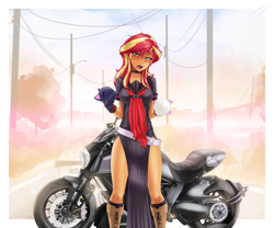 Size: 3072x2557 | Tagged: safe, alternate version, artist:slackerburst, character:sunset shimmer, my little pony:equestria girls, blushing, clothing, cosplay, costume, lidded eyes, looking at you, motorcycle, okami-san, open clothes, open mouth