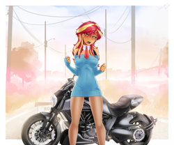 Size: 3072x2557 | Tagged: safe, alternate version, artist:slackerburst, character:sunset shimmer, my little pony:equestria girls, blushing, clothing, erect nipples, lidded eyes, looking at you, motorcycle, nipple outline, open clothes, open mouth, sweater