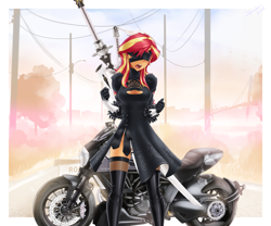 Size: 3072x2557 | Tagged: safe, alternate version, artist:slackerburst, character:sunset shimmer, my little pony:equestria girls, blindfold, blushing, breasts, cleavage, clothing, cosplay, costume, motorcycle, nier, open clothes, open mouth, sword, weapon