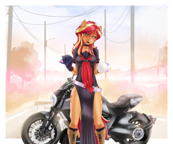 Size: 3072x2557 | Tagged: safe, alternate version, artist:slackerburst, character:sunset shimmer, species:anthro, my little pony:equestria girls, blushing, clothing, cosplay, costume, lidded eyes, looking at you, motorcycle, open clothes, open mouth