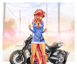 Size: 3072x2557 | Tagged: safe, alternate version, artist:slackerburst, character:sunset shimmer, species:anthro, my little pony:equestria girls, blushing, breasts, cleavage, clothing, lidded eyes, looking at you, motorcycle, open clothes, open mouth, swimsuit