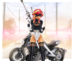 Size: 3072x2557 | Tagged: safe, alternate version, artist:slackerburst, character:sunset shimmer, my little pony:equestria girls, blindfold, blushing, breasts, cleavage, clothing, cosplay, costume, motorcycle, nier: automata, noir, open mouth