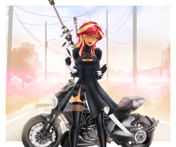 Size: 3072x2557 | Tagged: safe, alternate version, artist:slackerburst, character:sunset shimmer, my little pony:equestria girls, blushing, breasts, cleavage, clothing, cosplay, costume, lidded eyes, looking at you, motorcycle, nier: automata, noir, open mouth
