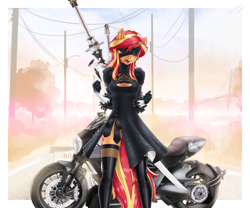 Size: 3072x2557 | Tagged: safe, alternate version, artist:slackerburst, character:sunset shimmer, species:anthro, my little pony:equestria girls, blindfold, breasts, cleavage, clothing, cosplay, costume, latex, latex socks, motorcycle, nier: automata, open mouth, socks, stockings, sword, thigh highs, weapon