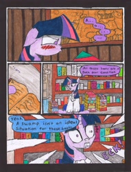 Size: 2509x3281 | Tagged: safe, artist:oatmeal155, character:twilight sparkle, character:twilight sparkle (unicorn), species:pony, species:unicorn, comic:oat.meal, blushing, book, bookshelf, bust, clothing, comic, ever emerald manor, library, portrait, semi-grimdark series, surprised, traditional art