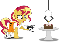 Size: 5031x3636 | Tagged: safe, artist:anime-equestria, character:sunset shimmer, species:pony, species:unicorn, blushing, boots, cake, candle, cherry, chocolate cake, claw, clothing, female, food, horn, jumpsuit, long fall horseshoe, mare, portal, portal (valve), portal 2, portal gun, sad, shoes, simple background, table, the cake is a lie, transparent background, vector