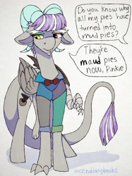 Size: 1280x1707 | Tagged: safe, artist:incendiaryboobs, character:discord, character:maud pie, species:draconequus, species:earth pony, species:pony, bow tie, claws, clothing, cutie mark, facial hair, female, fusion, goatee, horns, mare, multicolored eyes, multiple limbs, offscreen character, paws, talons, tumblr