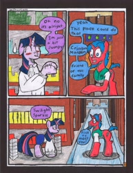 Size: 2512x3252 | Tagged: safe, artist:oatmeal155, character:twilight sparkle, character:twilight sparkle (unicorn), oc, oc:crimson maroon, species:pony, species:unicorn, comic:oat.meal, blushing, book, bookshelf, clothing, comic, dialogue, ever emerald manor, library, semi-grimdark series, traditional art