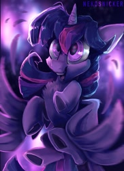 Size: 1491x2048 | Tagged: safe, artist:nekosnicker, character:twilight sparkle, character:twilight sparkle (alicorn), species:alicorn, species:pony, blurred background, chest fluff, cute, feather, female, fireworks, flying, open mouth, painterly, solo, spread wings, twiabetes, wings