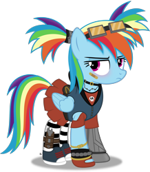 Size: 2810x3219 | Tagged: safe, artist:anime-equestria, character:rainbow dash, alternate hairstyle, bandage, blushing, borderlands, borderlands 2, clothing, converse, cute, dashabetes, female, goggles, high res, jewelry, necklace, pigtails, robotic arm, shirt, shoes, simple background, skirt, socks, solo, striped socks, transparent background, vector, wings, wrench