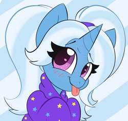 Size: 2793x2638 | Tagged: safe, artist:miss-jessiie, character:trixie, species:pony, species:unicorn, babysitter trixie, blep, blushing, bust, clothing, cute, diatrixes, female, gameloft interpretation, high res, hoodie, mare, pigtails, solo, tongue out