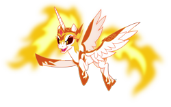 Size: 6686x4208 | Tagged: safe, artist:anime-equestria, character:daybreaker, character:princess celestia, species:alicorn, species:pony, armor, evil grin, fangs, female, fire, flying, gem, grin, helmet, hoof shoes, horn, mane of fire, simple background, smiling, solo, transparent background, vector, wings