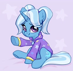 Size: 3365x3270 | Tagged: safe, artist:taneysha, gameloft, character:trixie, species:pony, species:unicorn, babysitter trixie, clothing, cute, diatrixes, female, gameloft interpretation, high res, hoodie, jacket, looking at you, mare, one hoof raised, pigtails, ponytail, sitting, smiling, solo, twintails