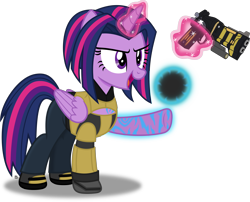 Size: 3079x2482 | Tagged: safe, artist:anime-equestria, character:twilight sparkle, character:twilight sparkle (alicorn), species:alicorn, species:pony, alternate hairstyle, borderlands, borderlands 2, clothing, crossover, female, folded wings, glowing horn, gun, handgun, happy, high res, horn, levitation, magic, mare, pistol, simple background, solo, tattoo, telekinesis, transparent background, vector, weapon, wings