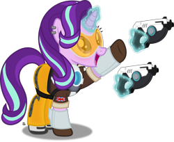 Size: 2712x2210 | Tagged: safe, artist:anime-equestria, character:starlight glimmer, clothing, cosplay, costume, crossover, ear piercing, goggles, gun, handgun, happy, horn, levitation, magic, overwatch, piercing, pistol, simple background, telekinesis, tracer, transparent background, union jack, vector, weapon