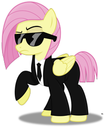 Size: 2400x2935 | Tagged: safe, artist:anime-equestria, character:fluttershy, species:pegasus, species:pony, alternate hairstyle, badass, clothing, female, flutterbadass, mare, necktie, pulp fiction, raised eyebrow, shirt, simple background, suit, sunglasses, transparent background, vector, wings