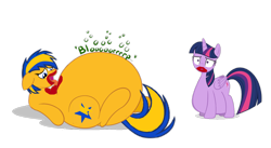 Size: 1280x702 | Tagged: safe, artist:eagle1division, artist:mlpfan3991, artist:zeldafan777, character:twilight sparkle, character:twilight sparkle (alicorn), oc, oc:flare spark, species:alicorn, species:pegasus, species:pony, belly, big belly, eating contest, fat, food, huge belly, impossibly large belly, ketchup, licking, sauce, simple background, stuffed, stuffed belly, tongue out, transparent background, twilard sparkle