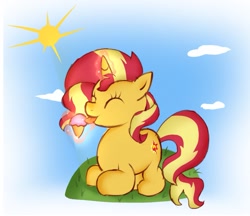 Size: 1649x1427 | Tagged: safe, artist:doraeartdreams-aspy, character:sunset shimmer, species:pony, species:unicorn, cloud, cute, eating, eyes closed, female, food, ice cream, licking, magic, prone, shimmerbetes, solo, sun, telekinesis, tongue out