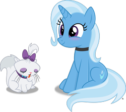 Size: 3239x2872 | Tagged: safe, artist:anime-equestria, character:opalescence, character:trixie, species:pony, species:unicorn, behaving like a cat, blushing, bow, cat, collar, cute, diatrixes, eyeshadow, female, horn, licking, makeup, mare, simple background, sitting, smiling, tongue out, transparent background, vector