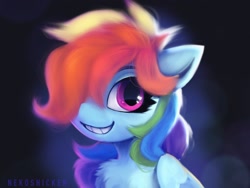 Size: 2160x1620 | Tagged: safe, artist:nekosnicker, character:rainbow dash, species:pegasus, species:pony, bust, chest fluff, cute, dashabetes, female, hair over one eye, smiling, solo, style emulation