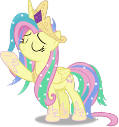 Size: 2886x3083 | Tagged: safe, artist:anime-equestria, character:fluttershy, species:alicorn, species:pony, alicornified, alternate hairstyle, cosplay, costume, crown, eyes closed, fluttercorn, gem, happy, hoof shoes, horn, implied princess celestia, jewelry, race swap, regalia, shylestia, simple background, smiling, sparkles, transparent background, vector, wings