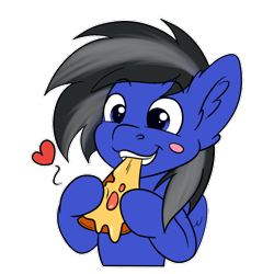 Size: 512x512 | Tagged: safe, artist:zobaloba, oc, oc only, oc:driftor, species:pegasus, species:pony, black mane, blue, blue coat, blue eyes, commission, eating, food, gray mane, male, meat, pegasus oc, pepperoni, pepperoni pizza, pizza, simple background, solo, stallion, sticker, teeth, transparent background, two toned mane, wings, ych result